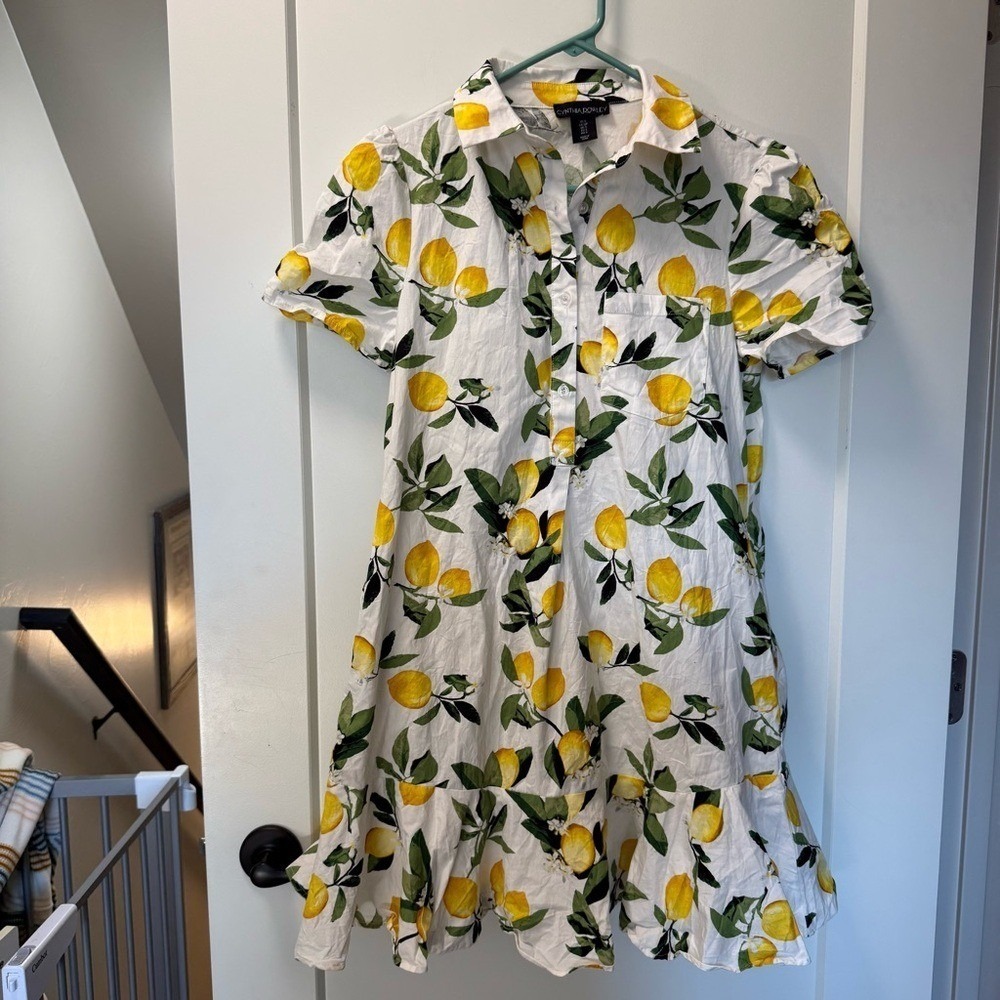Cynthia Rowley‎ Girls Half Button Popover Ruffle Tiered Lemon Print Cotton Dress
